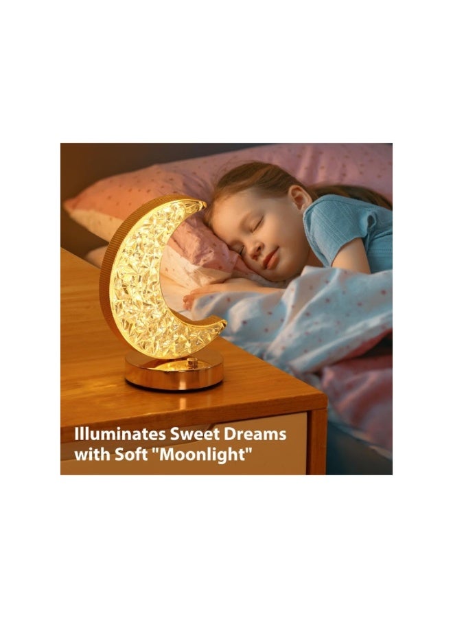 أكاليكس مصباح طاولة رمضاني، مصباح يعمل باللمس قابل للتعتيم تدريجيًا بثلاثة ألوان، ضوء ليلي قابل لإعادة الشحن، مصباح طاولة على شكل هلال كريستالي لتزيين طاولة غرفة النوم أو غرفة المعيشة (القمر) - Image 4